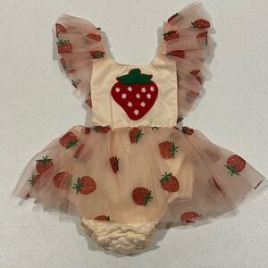 Strawberry sparkling Print TuTu Bodysuit Cream and RedTan ribbon closure in back